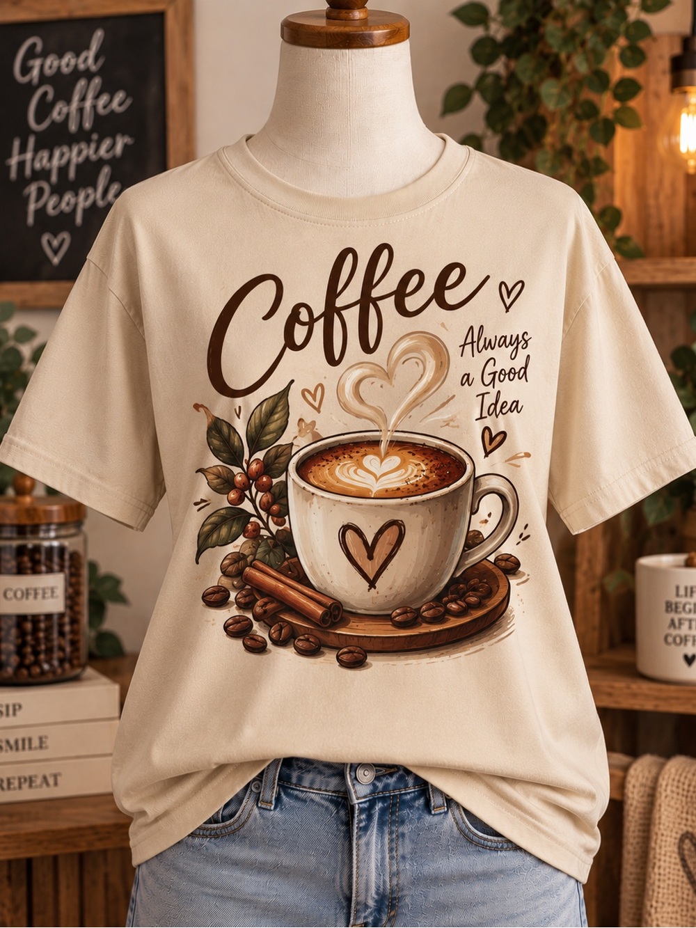 New Gildan Cream Coffee Cup Graphic Tee